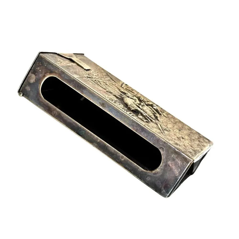 Vintage hallmarked Denmark silver metal match box cover hinged lid village scene